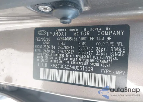 2010 Hyundai Tucson Gls из США, поврежденный, VIN KM8JUCAC5AU061109